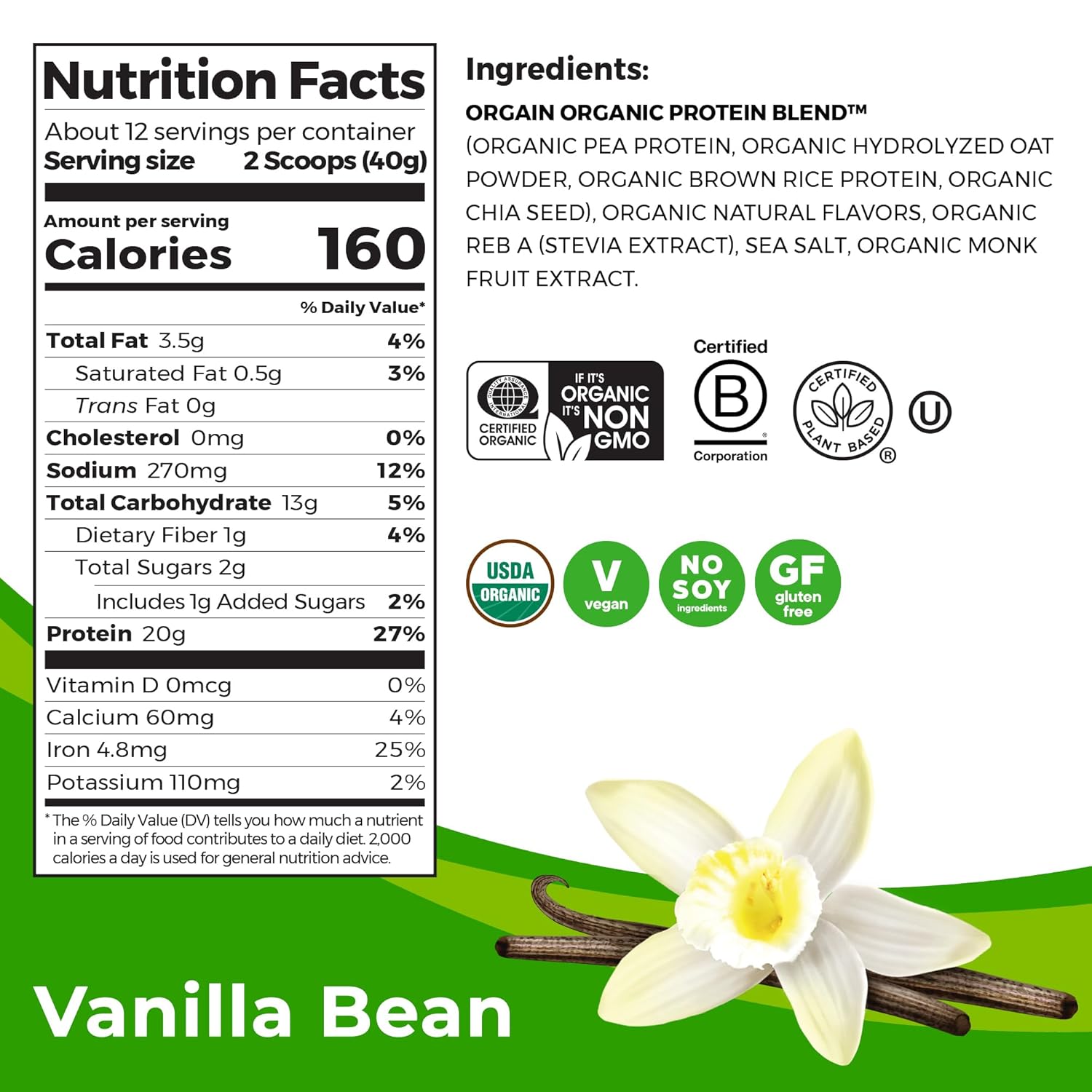 Orgain Organic Vegan Protein Powder with Oat Milk, Vanilla Bean - 20g Plant-Based Protein, Gluten-Free, Non-Dairy, Low Sugar, Non-GMO, Kosher - Ideal for Shakes & Smoothies - 1.05lb