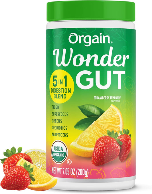 Orgain Organic Wonder Gut Fiber Supplement Powder with Probiotics, Greens, Vitamin C, Adaptogens - Non-GMO Strawberry Lemonade Flavor - 7.05 oz