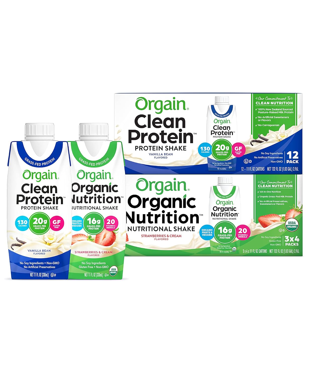 Orgain Protein Shake Variety Pack, Grass-Fed Vanilla Bean & Organic Strawberries & Cream (24 Pack)