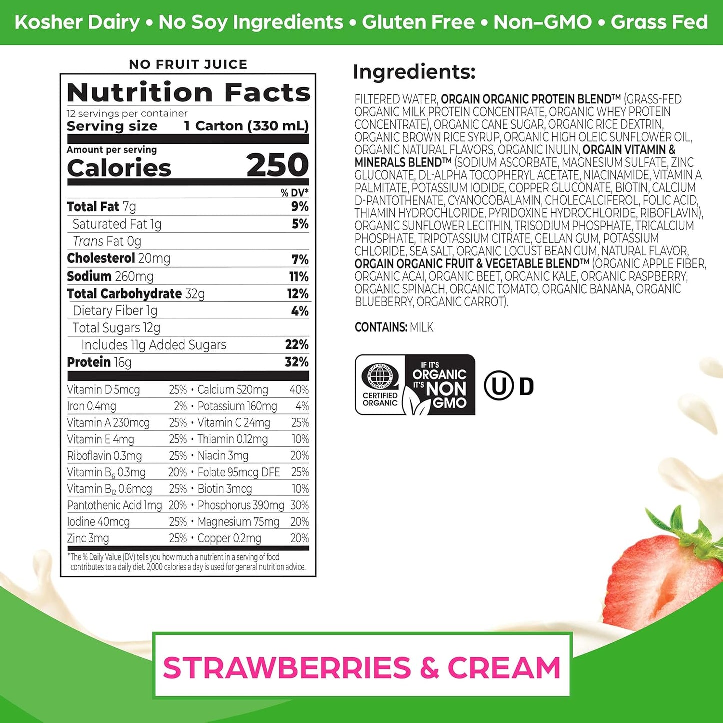 Orgain Protein Shake Variety Pack, Grass-Fed Vanilla Bean & Organic Strawberries & Cream (24 Pack)
