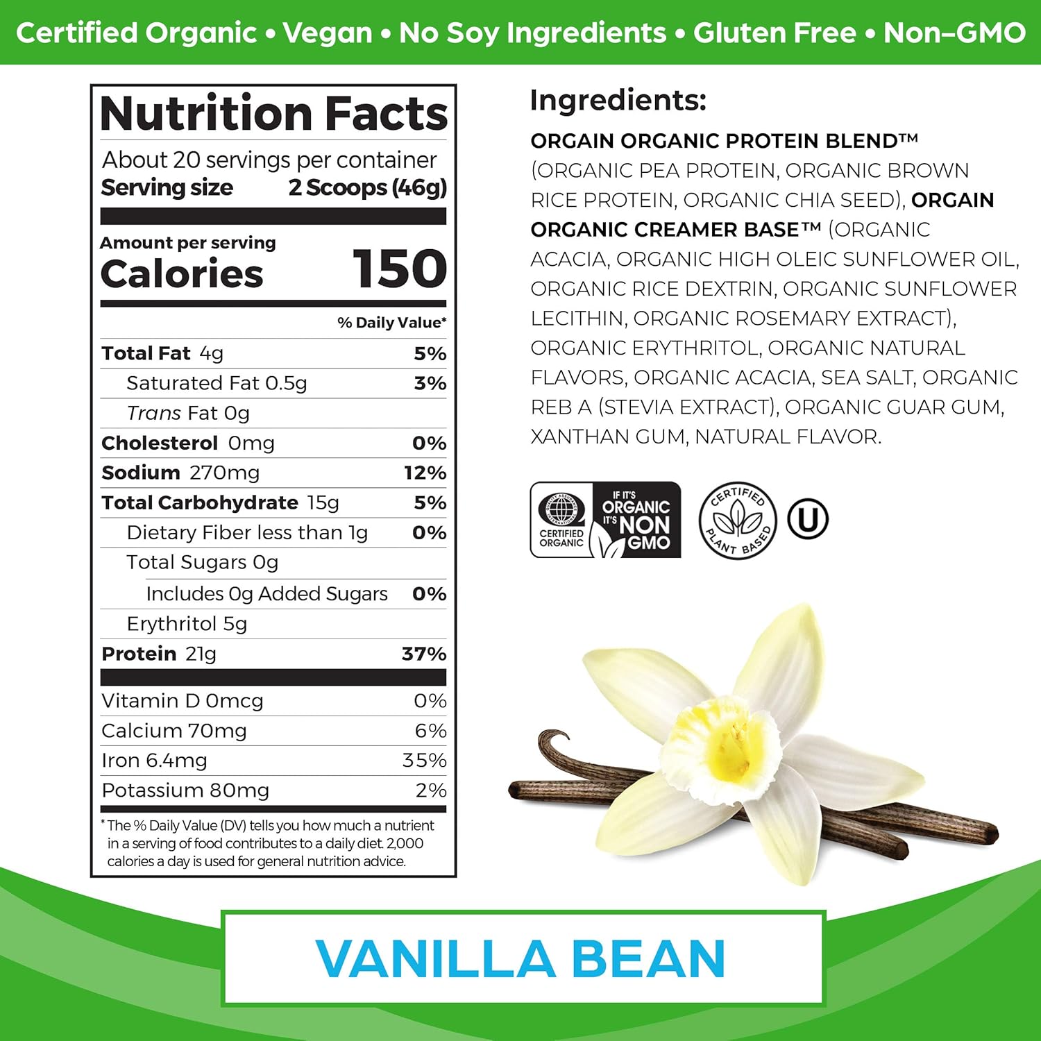 Orgain Vanilla Bean Organic Vegan Protein Powder with Superfoods - Gluten Free Plant Based Protein Blend