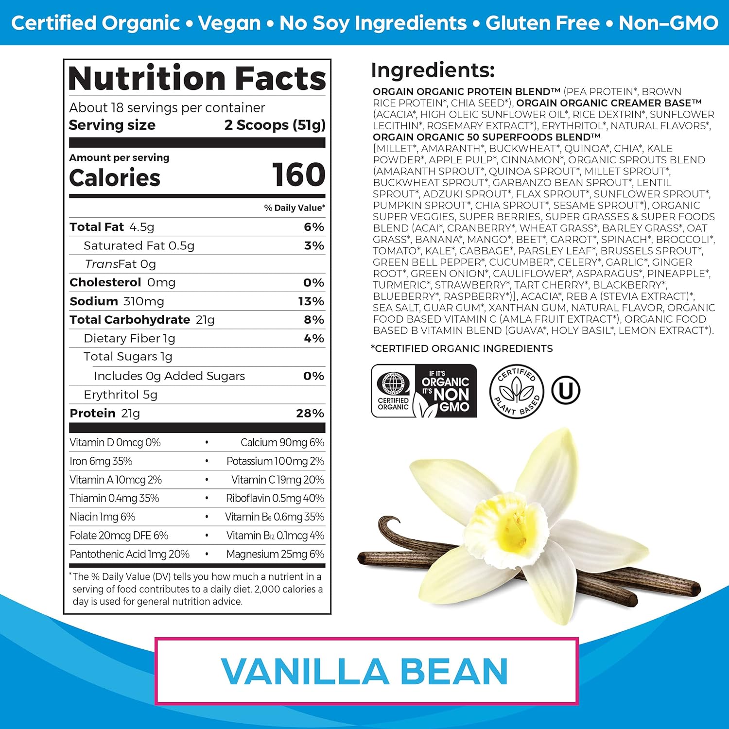Orgain Vanilla Bean Organic Vegan Protein Powder with Superfoods - Gluten Free Plant Based Protein Blend