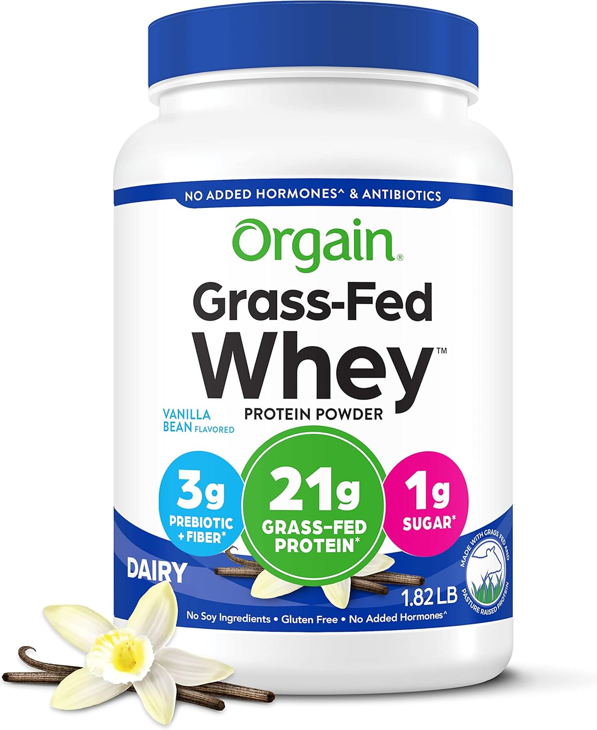 Orgain Vanilla Bean Whey Protein Powder - Grass Fed Dairy Protein with BCAAs and Prebiotic Fiber - Gluten Free and Kosher - 1.82lb