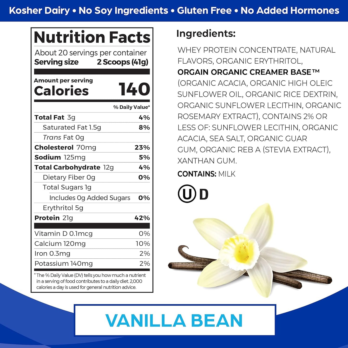 Orgain Vanilla Bean Whey Protein Powder - Grass Fed Dairy Protein with BCAAs and Prebiotic Fiber - Gluten Free and Kosher - 1.82lb