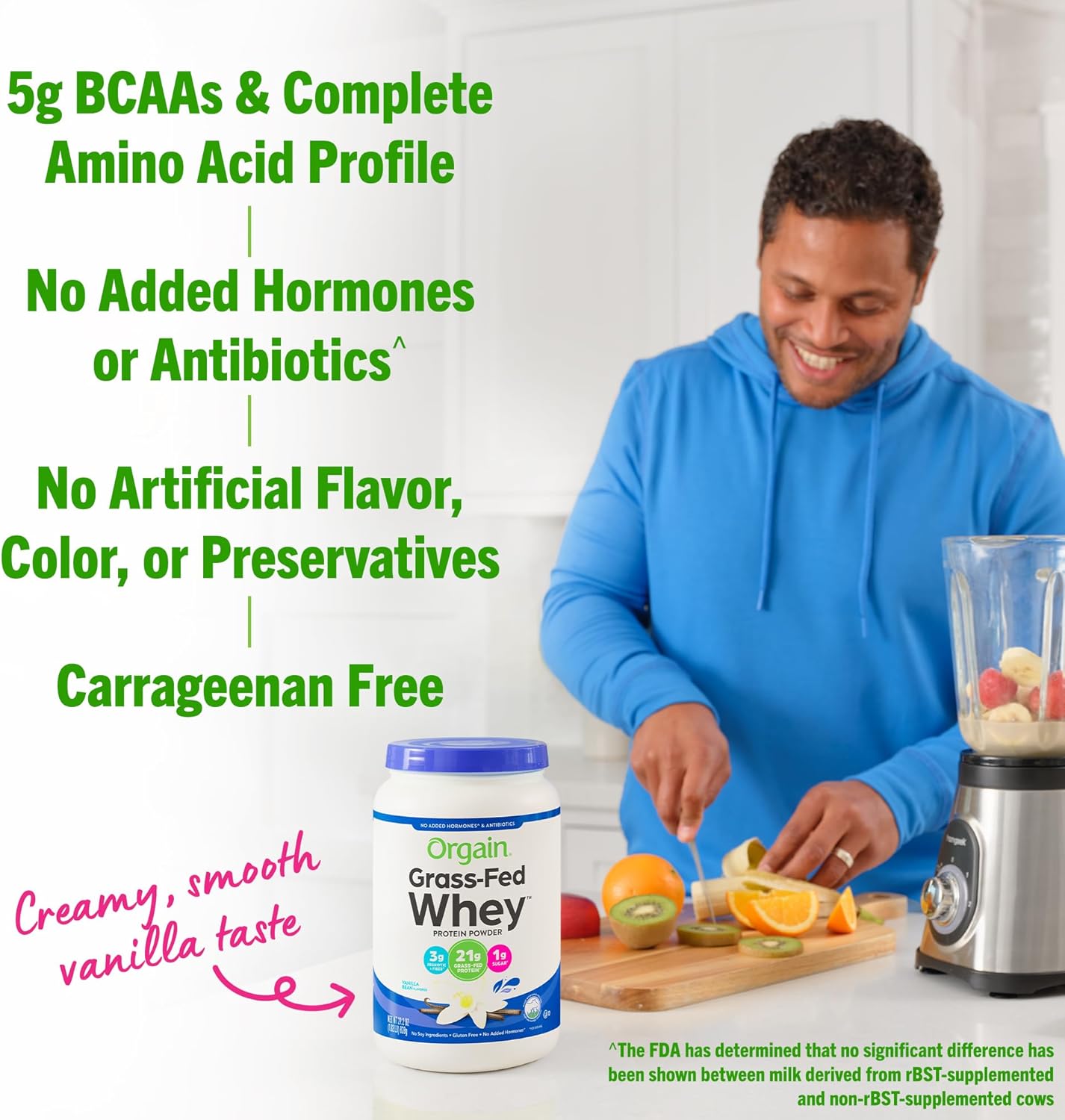 Orgain Vanilla Bean Whey Protein Powder - Grass Fed Dairy Protein with BCAAs and Prebiotic Fiber - Gluten Free and Kosher - 1.82lb