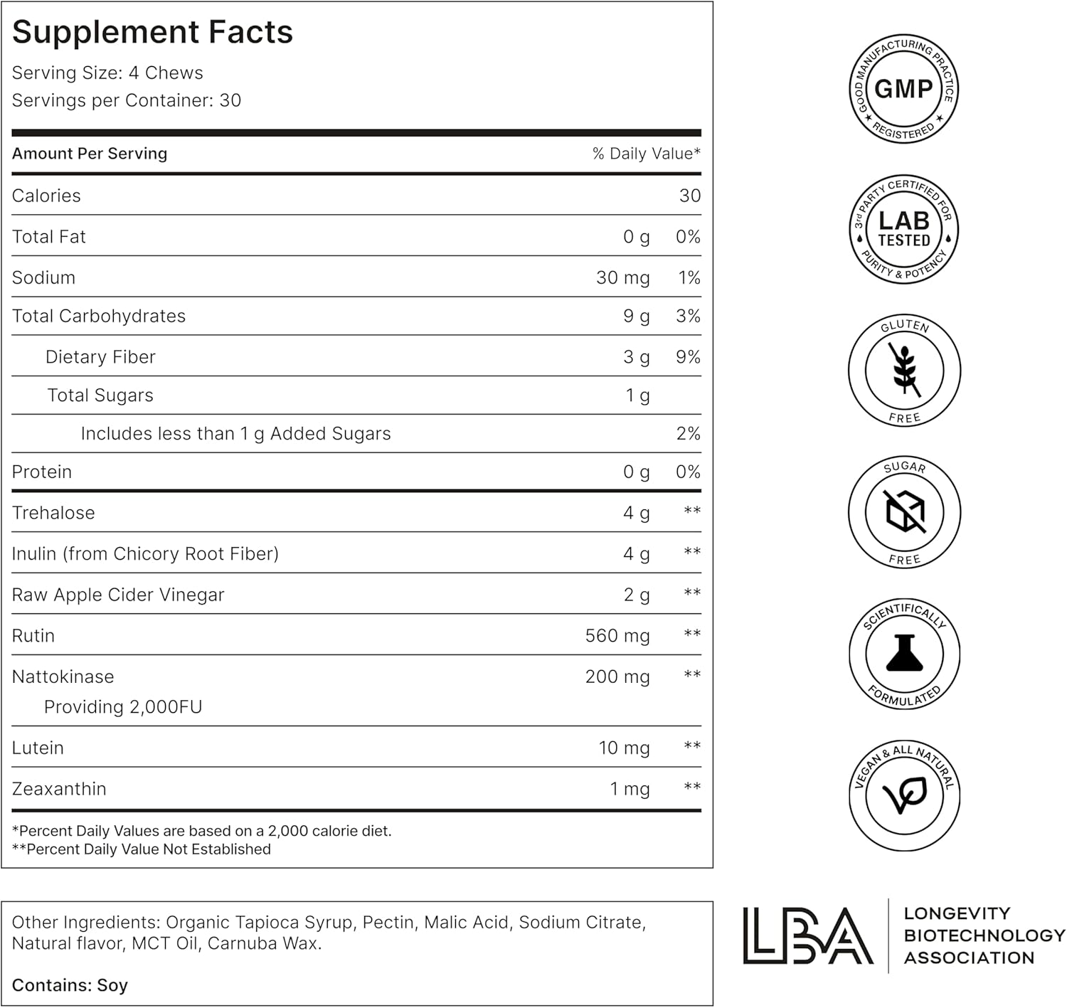 Organ, Liver, Brain, Eye, Heart, Gut Support Chewable Supplement - Nattokinase, Lutein, Inulin, Rutin - Tropical Flavor - 120 Count
