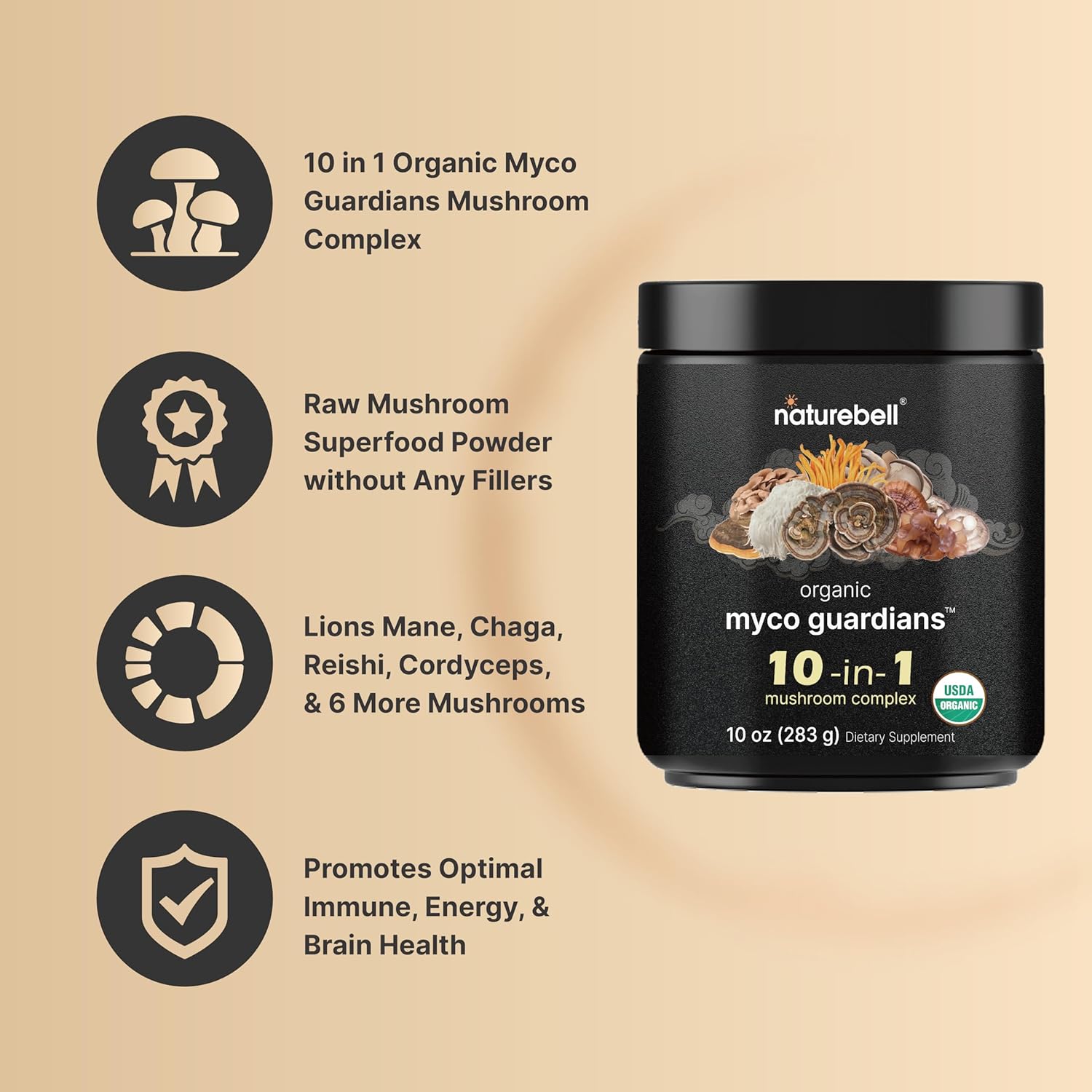 Organic 10-in-1 Mushroom Powder Blend 10oz | Lions Mane, Shiitake, Reishi, Turkey Tail, Chaga | Supports Energy, Immune System, Brain Health | No Fillers | Ideal Mushroom Supplement for Coffee