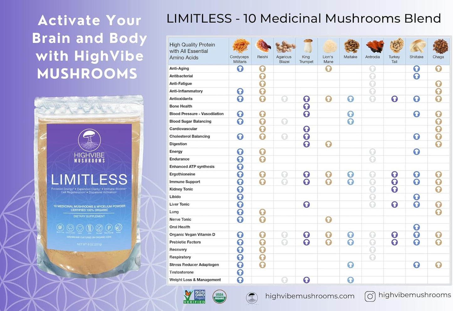 Organic 10-in-1 Mushroom Powder Blend for Focused Energy and Immunity - Vegan & Kosher