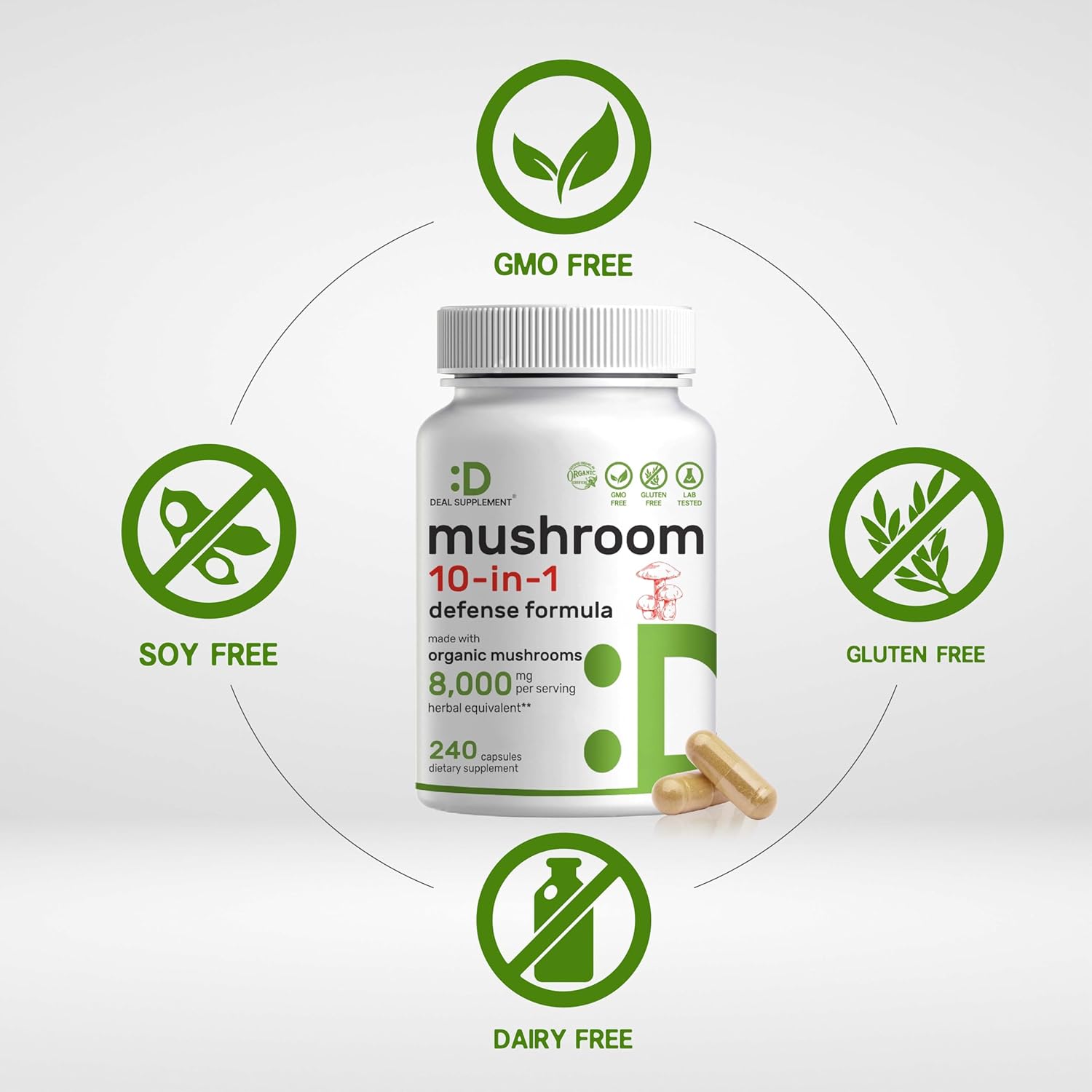 Organic 10-in-1 Mushroom Supplement 8,000mg Per Serving - 240 Capsules - Immune, Energy, Brain Support - Non-GMO