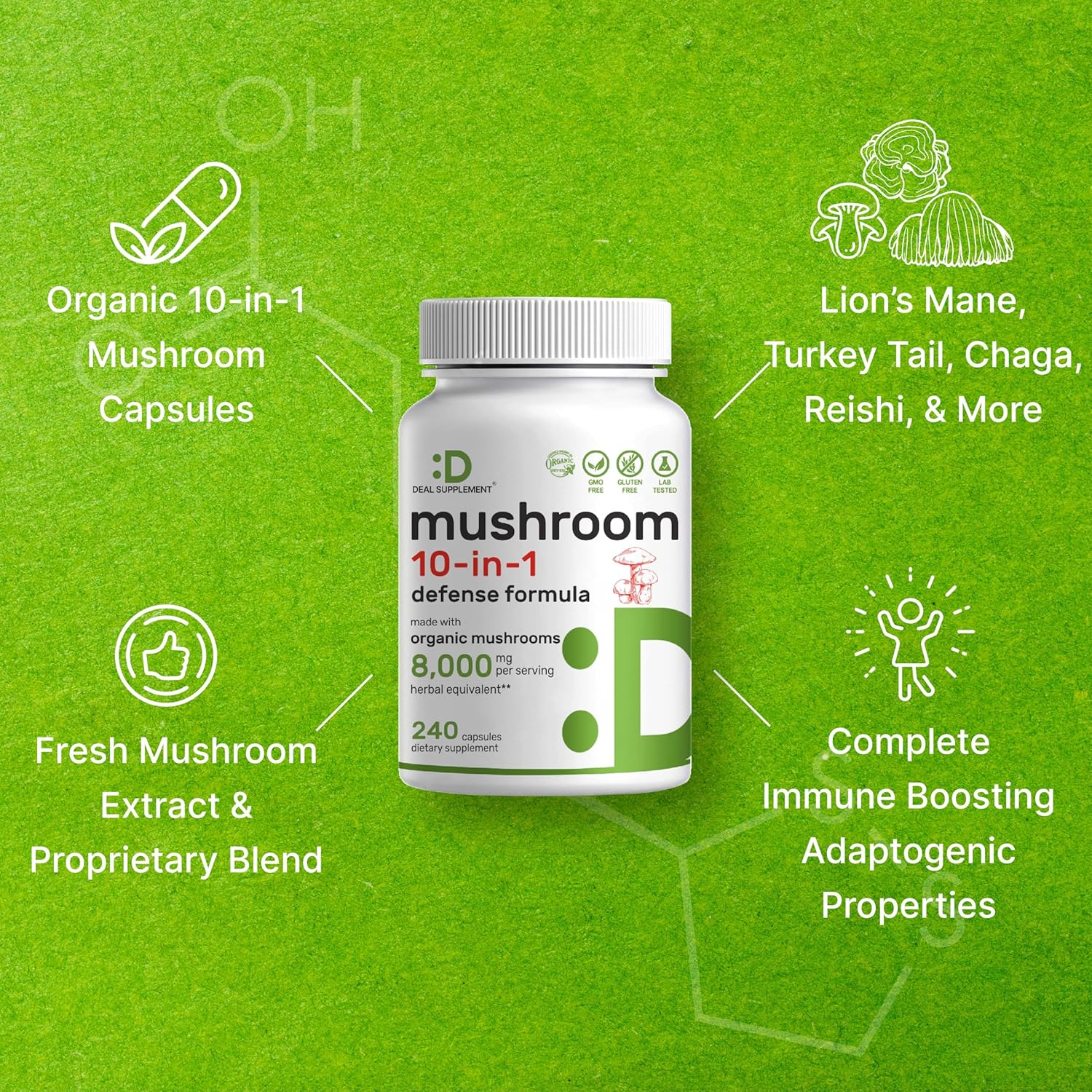 Organic 10-in-1 Mushroom Supplement 8,000mg Per Serving - 240 Capsules - Immune, Energy, Brain Support - Non-GMO