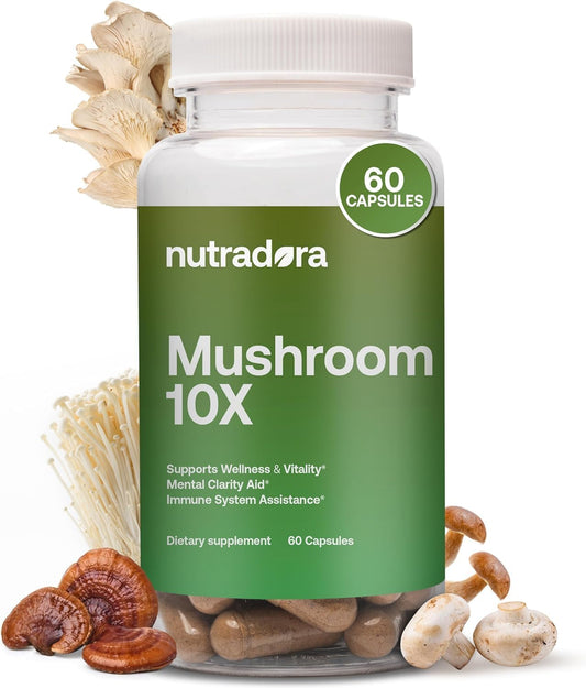 Organic 10 Mushroom Supplement with Reishi, Lions Mane, Cordyceps, Turkey Tail, Maitake, Shiitake - Nootropic Blend