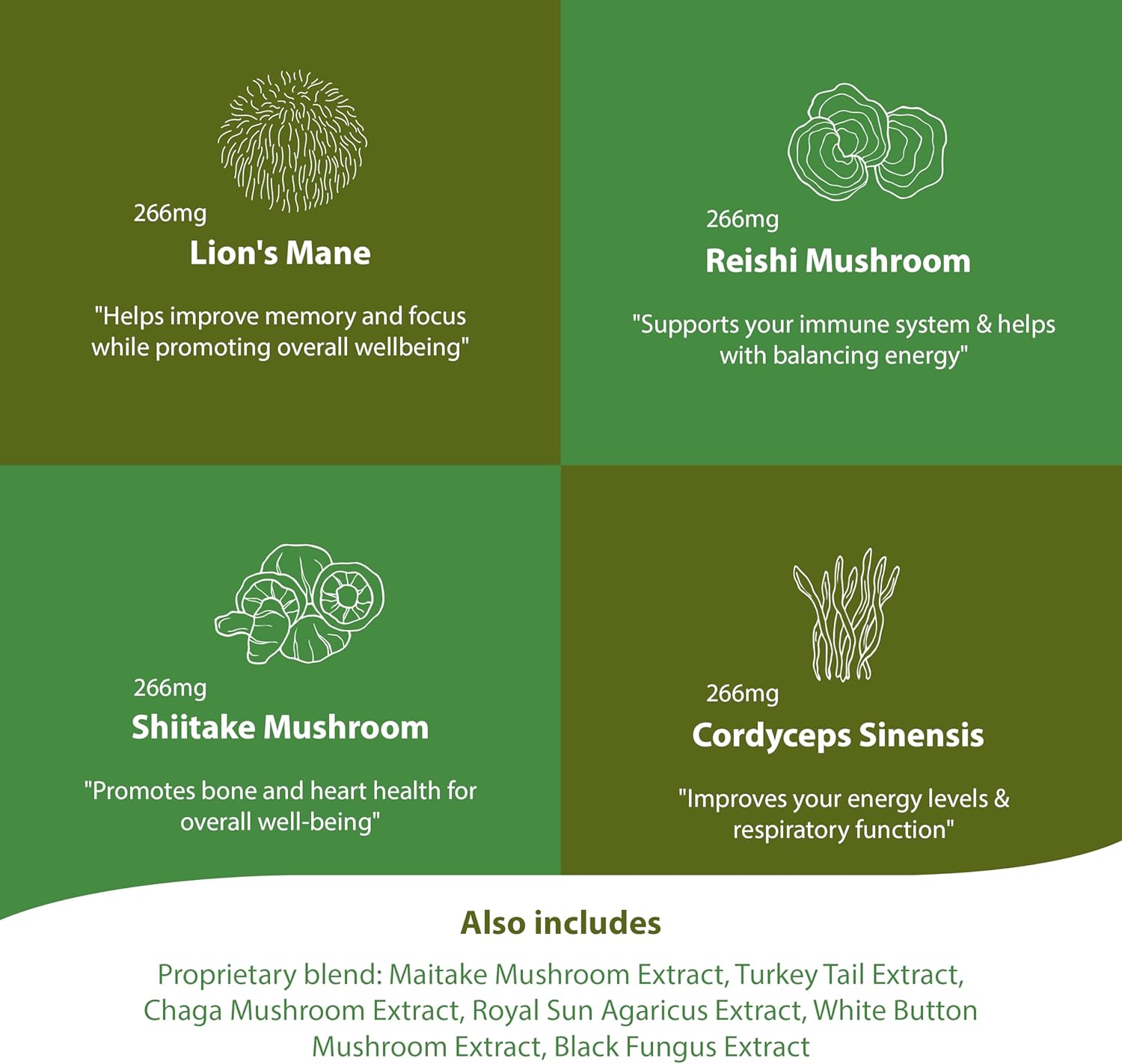 Organic 10 Mushroom Supplement with Reishi, Lions Mane, Cordyceps, Turkey Tail, Maitake, Shiitake - Nootropic Blend