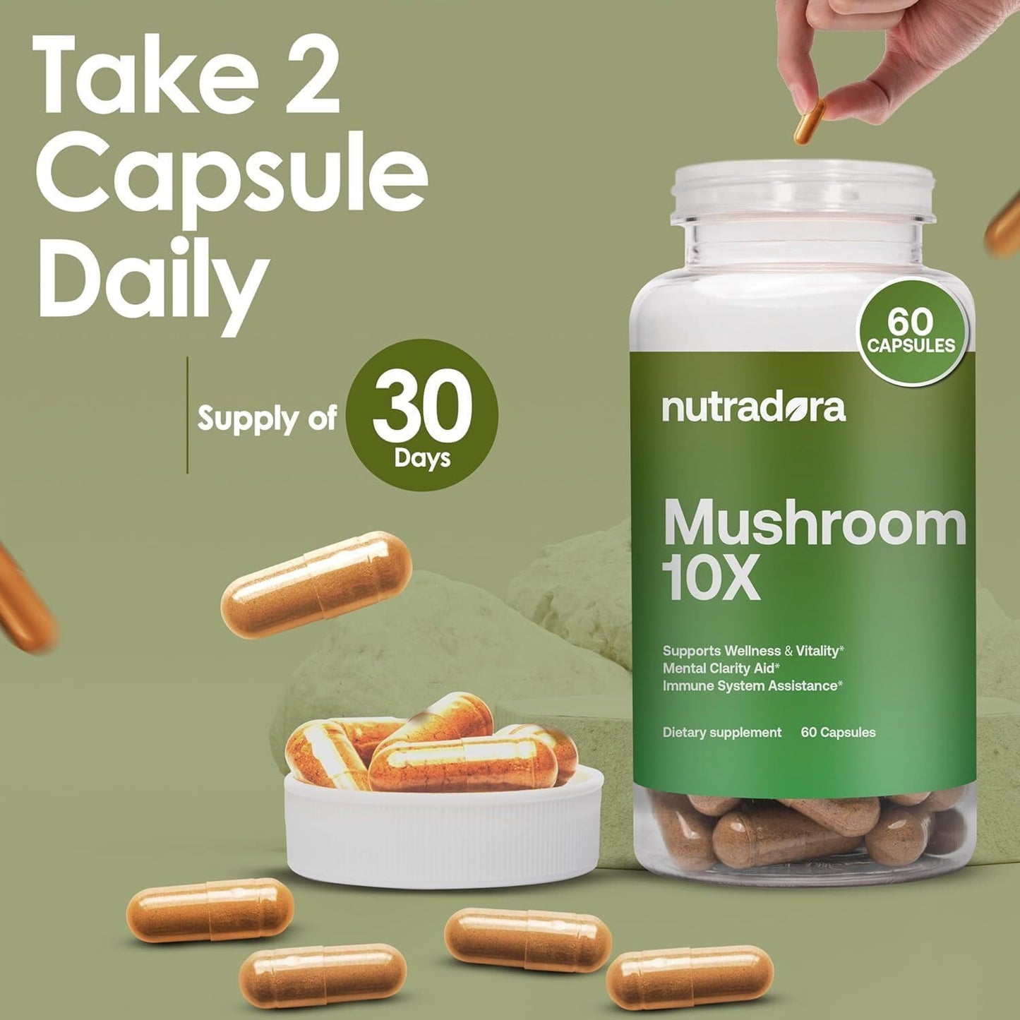 Organic 10 Mushroom Supplement with Reishi, Lions Mane, Cordyceps, Turkey Tail, Maitake, Shiitake - Nootropic Blend