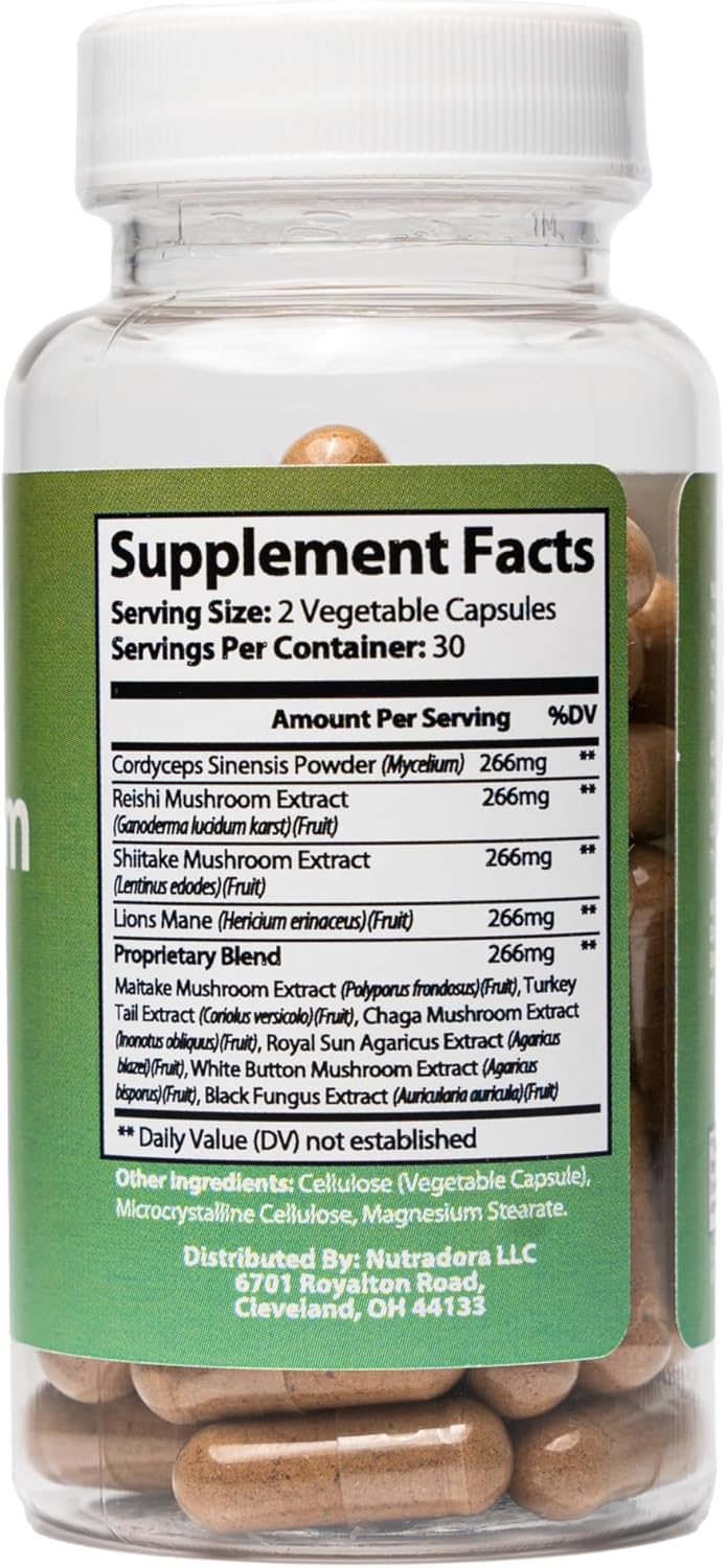 Organic 10 Mushroom Supplement with Reishi, Lions Mane, Cordyceps, Turkey Tail, Maitake, Shiitake - Nootropic Blend