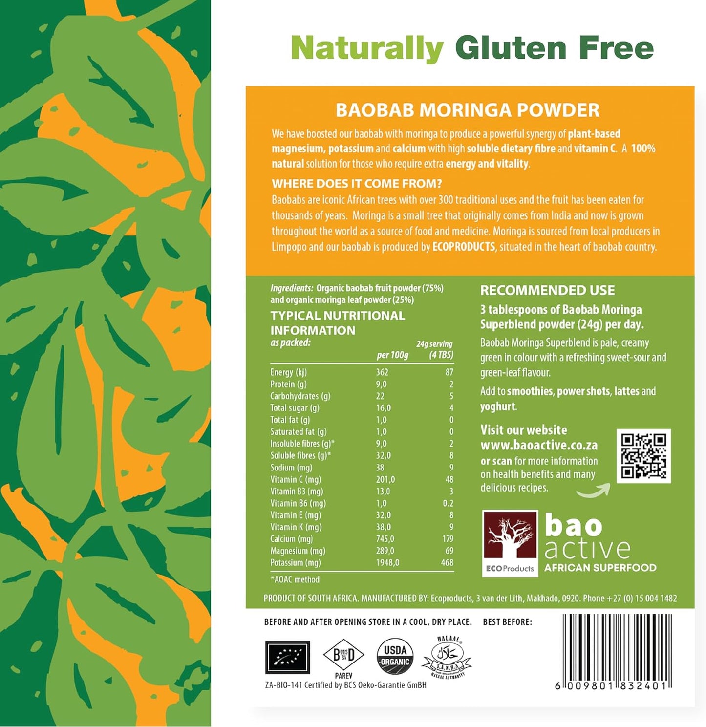 Organic 100% Baobab and Moringa Powder Superblend 300g | From South Africa | Supports Gut Health & Digestion | USDA Certified