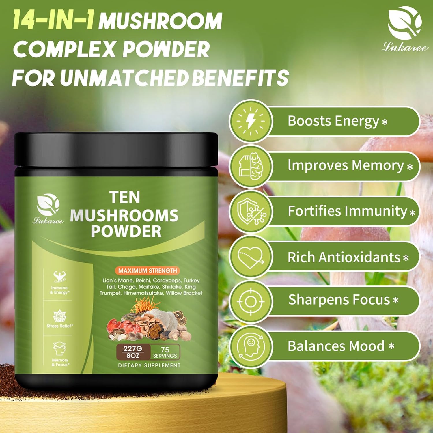 Organic 14-in-1 Mushroom Powder Blend for Coffee & Cooking - 8 oz Supplement with Lions Mane, Chaga, Reishi, Turkey Tail, Cordyceps Extract Powder - Immune Support & Energy Boost