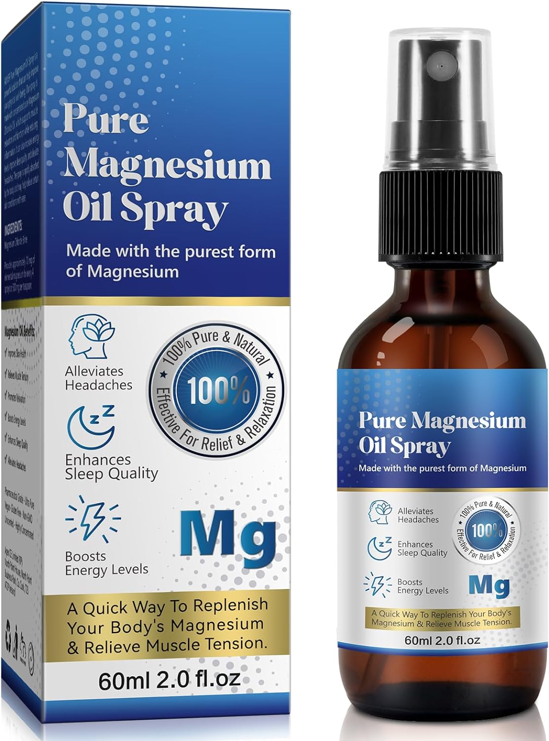 Organic 2 Fl Oz High Concentration Magnesium Oil Spray - Non-GMO, Gluten-Free - Easy Absorption - Single Bottle