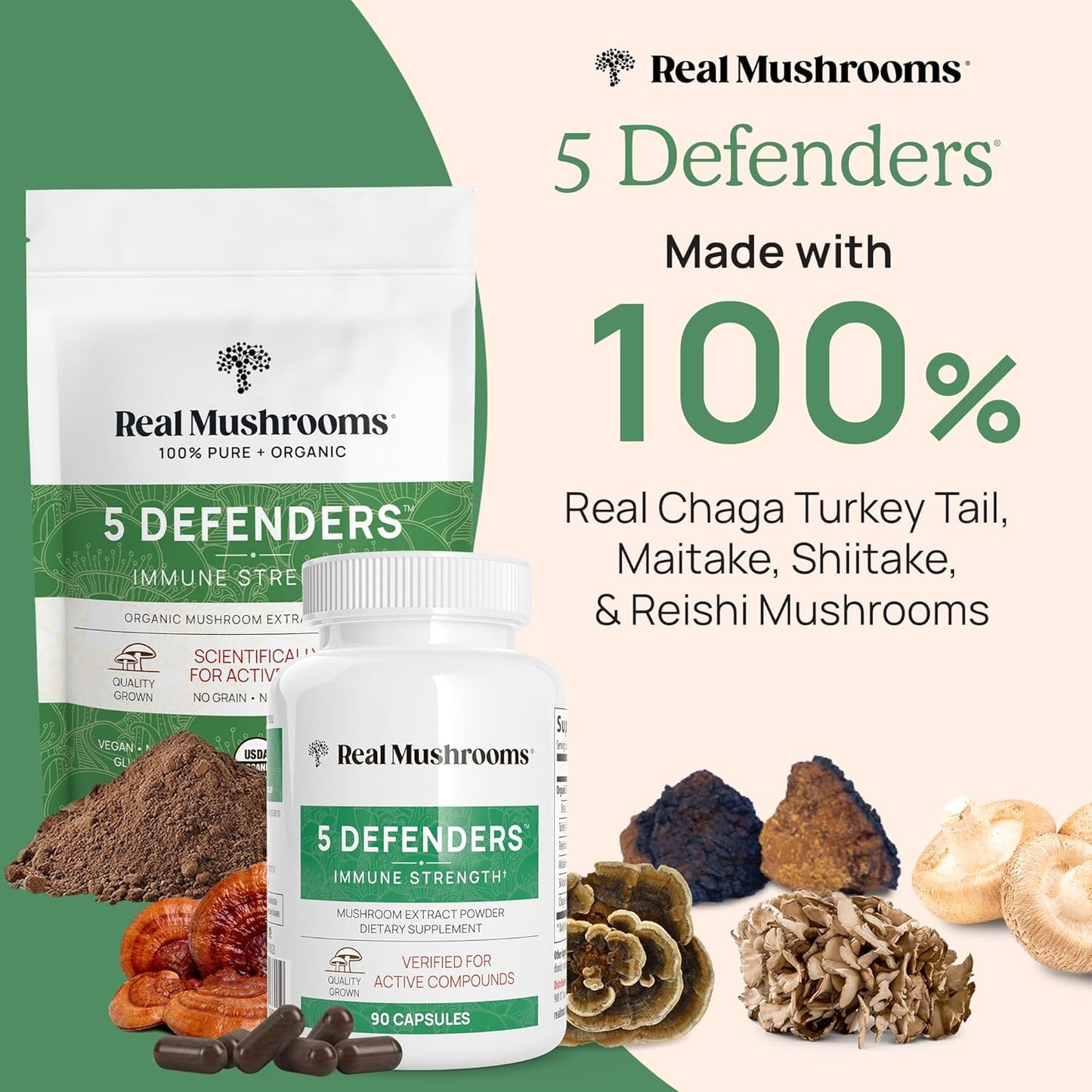 Organic 5 Defenders Mushroom Powder Extract with Chaga, Shiitake, Maitake, Turkey Tail, Reishi - Vegan, Non-GMO, 45 Servings