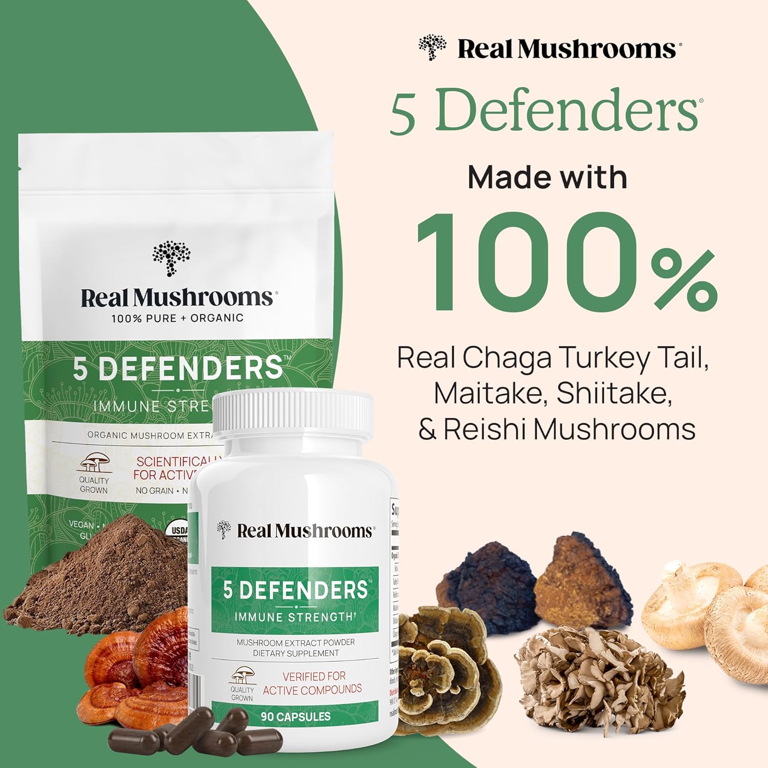Organic 5 Defenders Mushroom Powder Extract with Chaga, Shiitake, Maitake, Turkey Tail, Reishi - Vegan, Non-GMO, 45 Servings