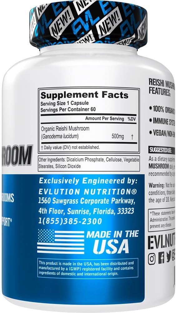 Organic 500mg Reishi Mushroom Supplement for Immune System Support - Vegan & Non-GMO - 60 Servings