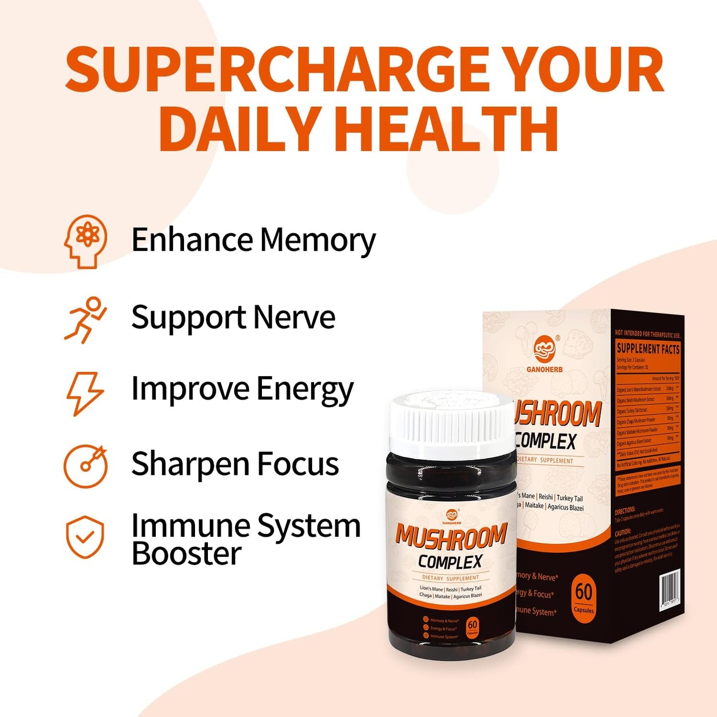 Organic 6-in-1 Mushroom Complex Supplement - 800mg Extract with Lions Mane, Reishi, Turkey Tail, Chaga, Maitake, Agaricus Blazei - 60 Capsules