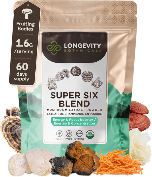 Organic 6 Mushroom Supplement Powder with Lions Mane, Reishi, Turkey Tail, Cordyceps, Tremella and Chaga - 100% Fruiting Body - 3.5 oz