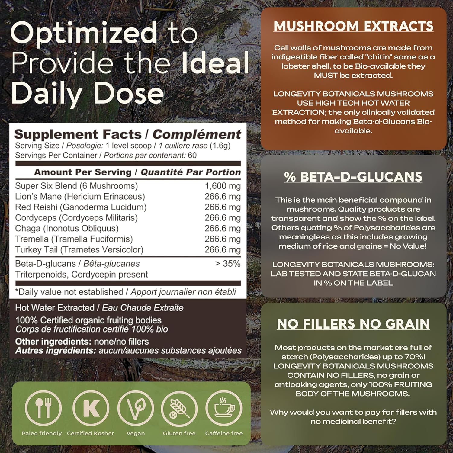 Organic 6 Mushroom Supplement Powder with Lions Mane, Reishi, Turkey Tail, Cordyceps, Tremella and Chaga - 100% Fruiting Body - 3.5 oz
