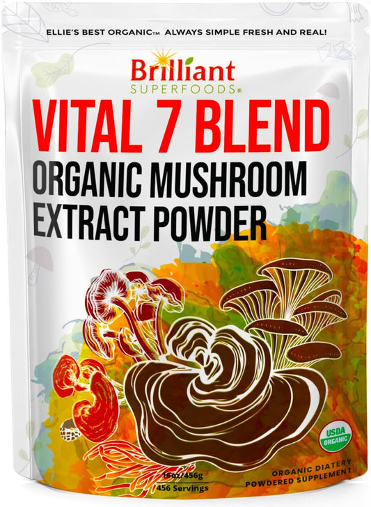 Organic 7 Mushroom Powder Extract Blend Supplement by Ellie's Best - Reishi, Lion's Mane, Chaga, Turkey Tail, Cordyceps, Maitake & Shiitake - Double Extracted - 16oz / 456 Servings