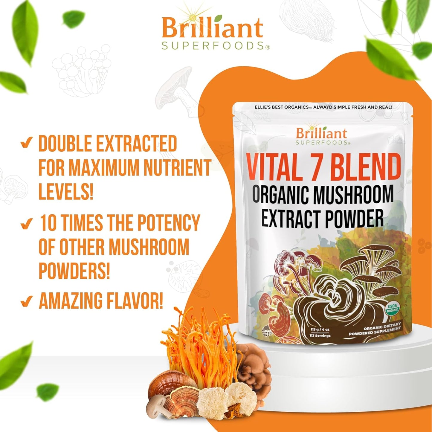 Organic 7 Mushroom Powder Extract Blend Supplement by Ellie's Best - Reishi, Lion's Mane, Chaga, Turkey Tail, Cordyceps, Maitake & Shiitake - Double Extracted - 16oz / 456 Servings