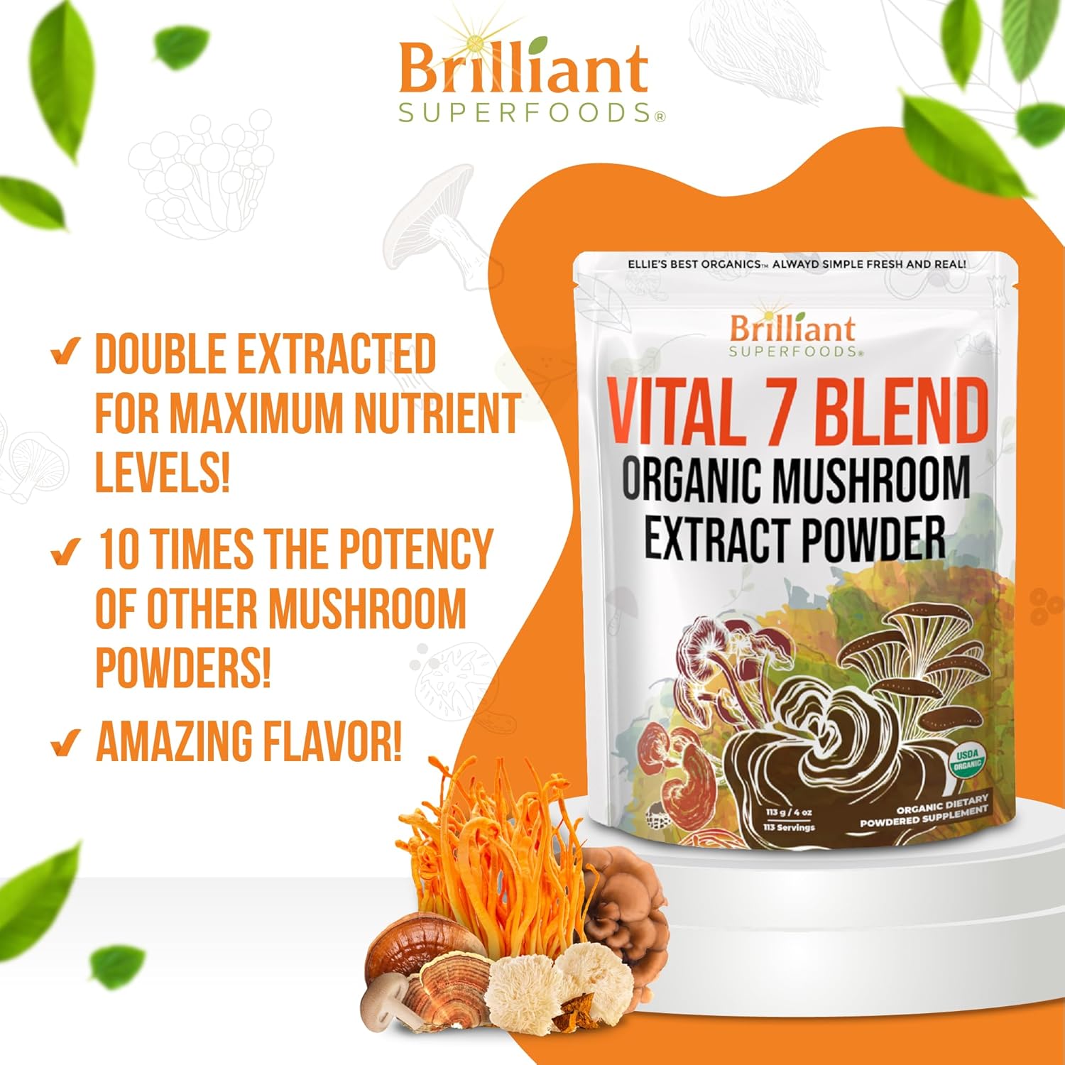 Organic 7 Mushroom Powder Extract Blend Supplement by Ellie's Best - Reishi, Lion's Mane, Chaga, Turkey Tail, Cordyceps, Maitake & Shiitake - Double Extracted - 16oz / 456 Servings
