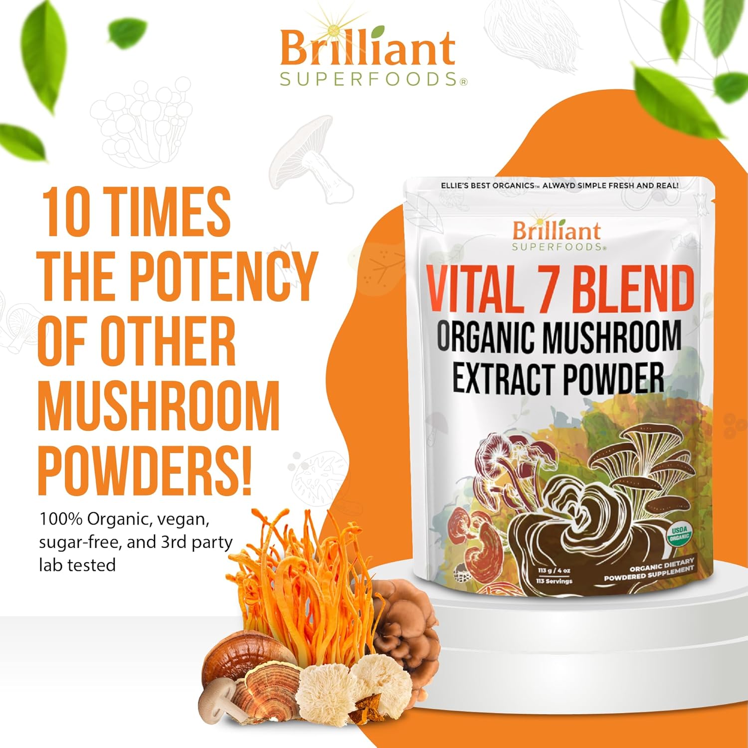 Organic 7 Mushroom Powder Extract Blend Supplement by Ellie's Best - Reishi, Lion's Mane, Chaga, Turkey Tail, Cordyceps, Maitake & Shiitake - Double Extracted - 16oz / 456 Servings