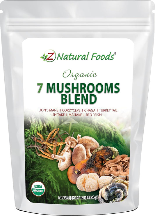 Organic 7 Sacred Mushrooms Blend Powder - Immune Health Support - Lion’s Mane, Cordyceps, Chaga, Reishi, Shiitake, Maitake, Turkey Tail - Coffee, Smoothies - 7 oz