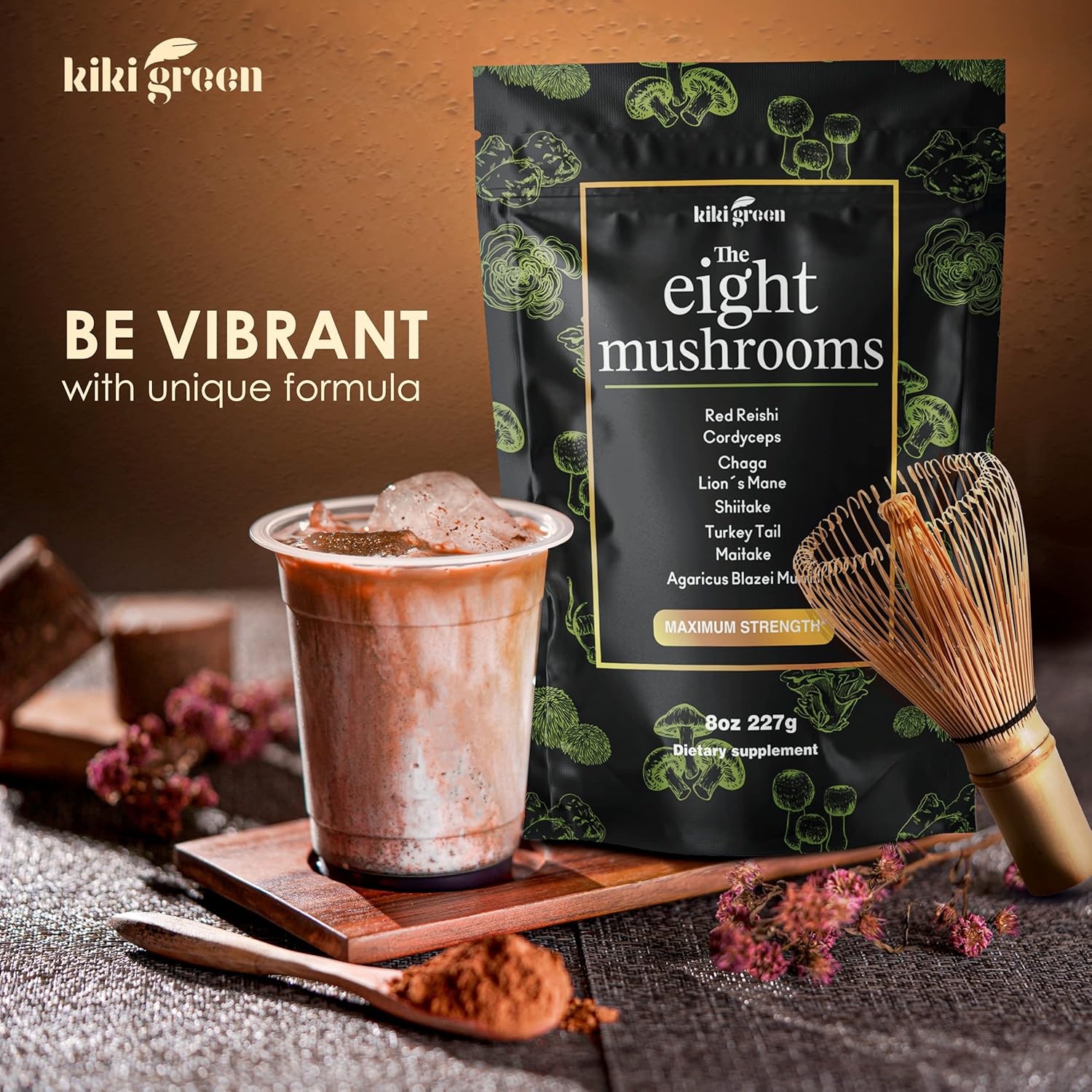 Organic 8 Mushroom Powder Blend - Lion's Mane, Reishi, Chaga, Cordyceps - 8 oz Supplement for Focus and Energy - Add to Coffee and Smoothies