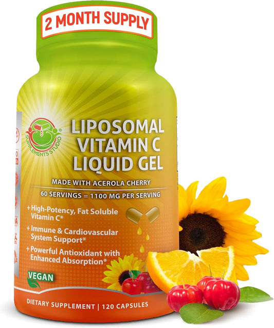Organic Acerola Cherry Liposomal Vitamin C Capsules - 1100mg - Immune Support Supplement with Enhanced Absorption - 120 Count