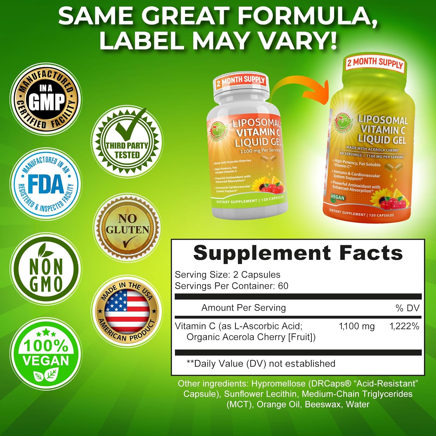 Organic Acerola Cherry Liposomal Vitamin C Capsules - 1100mg - Immune Support Supplement with Enhanced Absorption - 120 Count