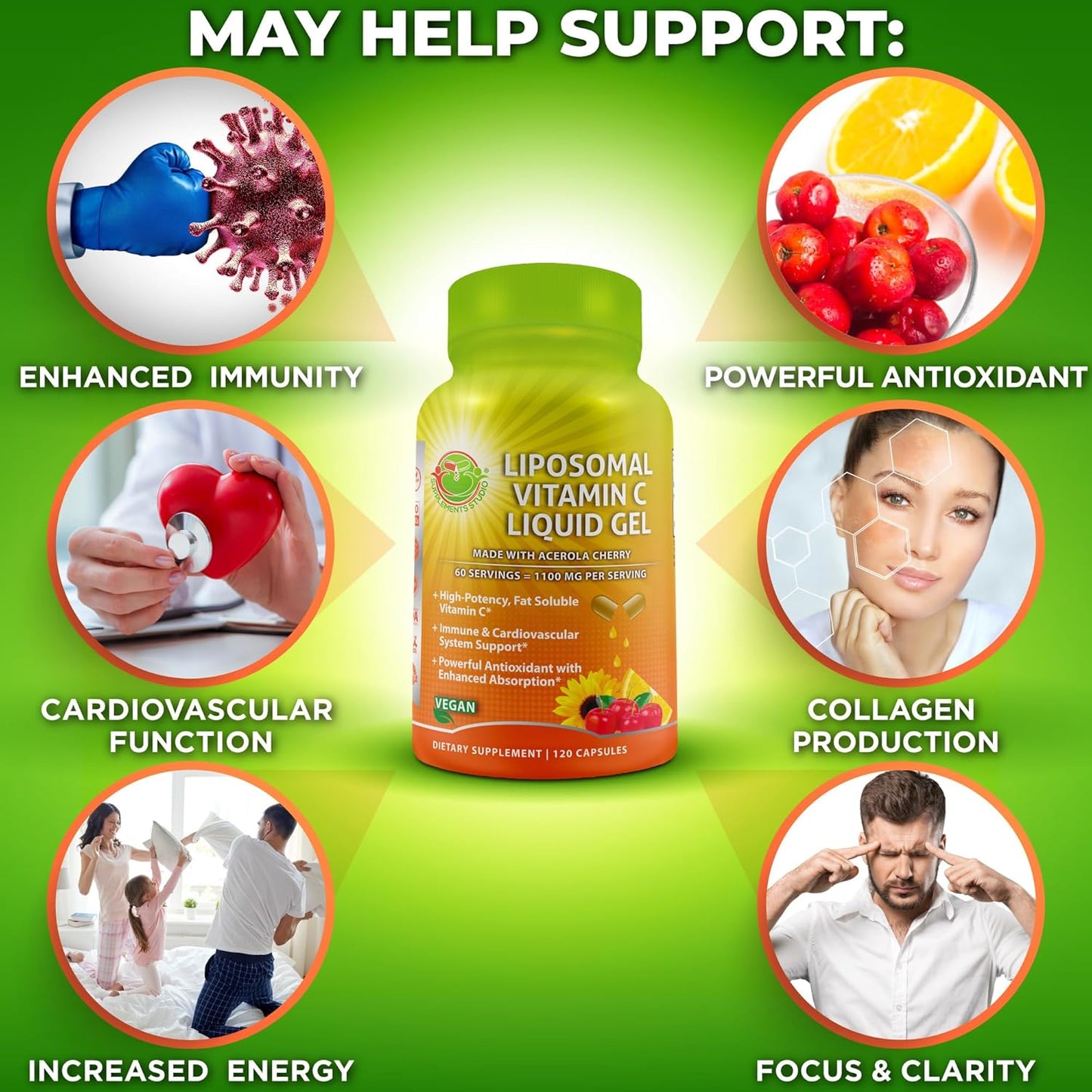 Organic Acerola Cherry Liposomal Vitamin C Capsules - 1100mg - Immune Support Supplement with Enhanced Absorption - 120 Count