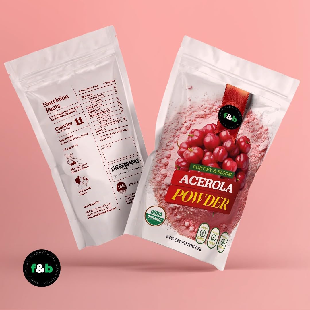 Organic Acerola Cherry Powder: Immune System Booster (8oz) - Freeze Dried Vitamin C Supplement from Brazil