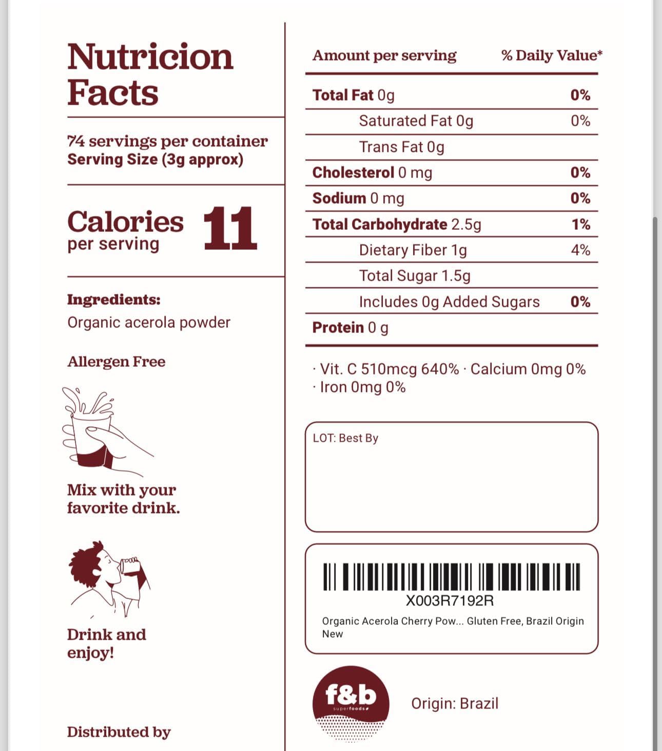 Organic Acerola Cherry Powder: Immune System Booster (8oz) - Freeze Dried Vitamin C Supplement from Brazil