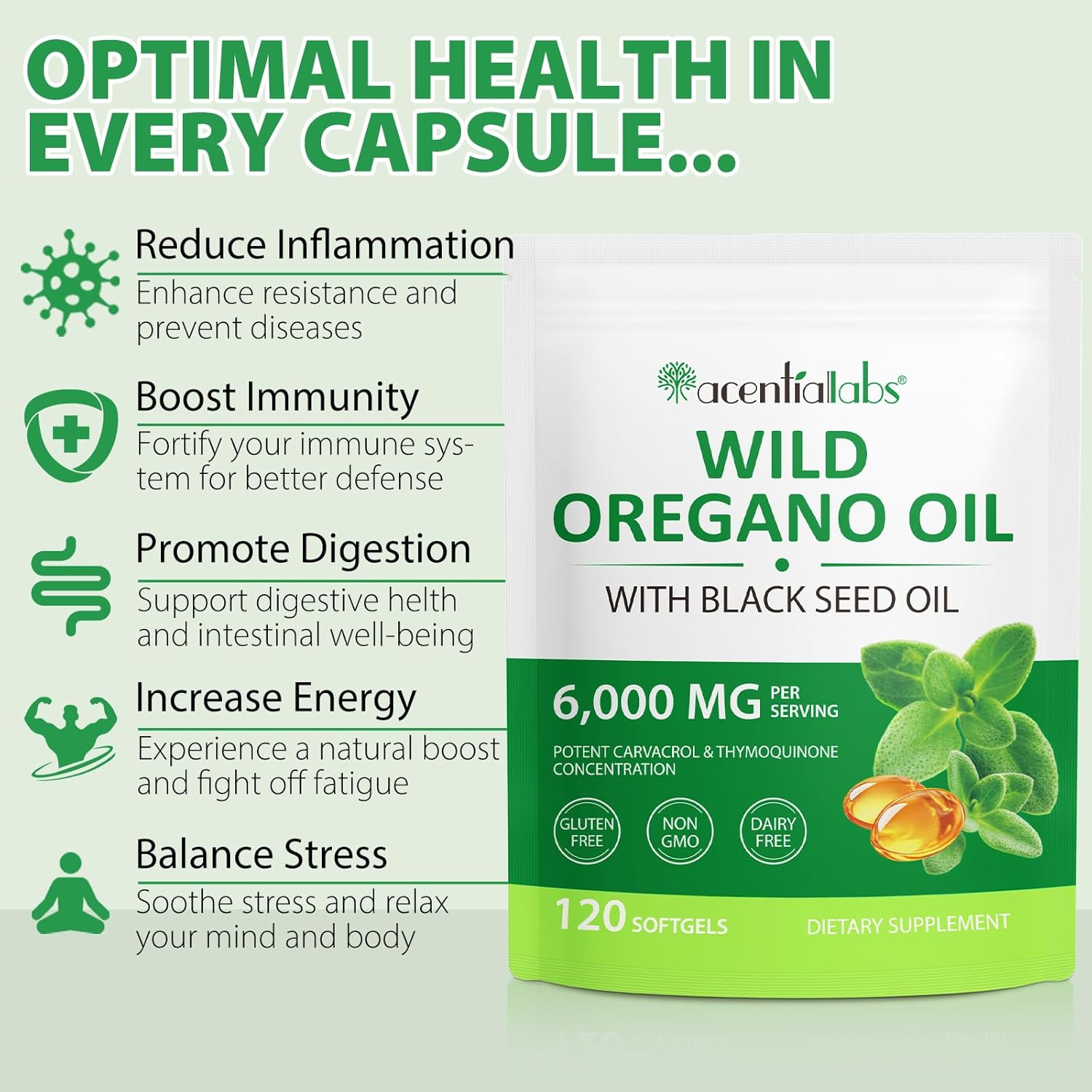 Organic Acorn + Oak Oil of Oregano Softgels with Black Seed Oil - 2 in 1 Immune Support Supplement, 120 Count, Easy to Swallow