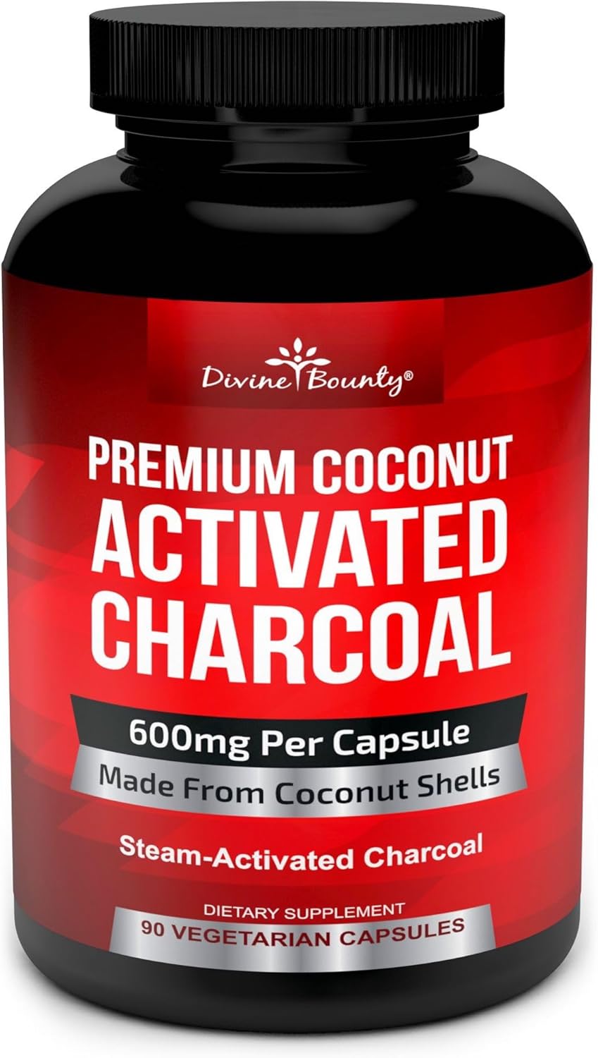 Organic Activated Charcoal Capsules - 600mg Coconut Charcoal Pills - 90 Veggie Caps - Divine Bounty