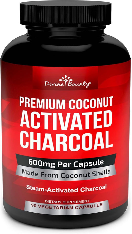 Organic Activated Charcoal Capsules - 600mg Coconut Charcoal Pills - 90 Veggie Caps - Divine Bounty