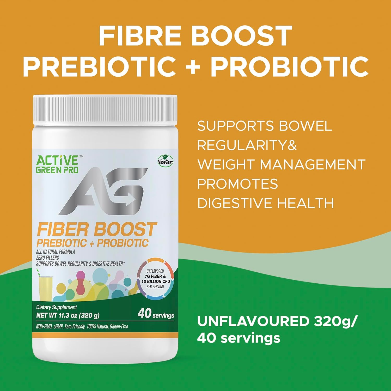 Organic Active Green Pro Fibre Boost Prebiotic & Probiotic Powder for Digestive Health - Enzyme and Vitamin Support - Gluten & Sugar Free - 320g/40 Servings