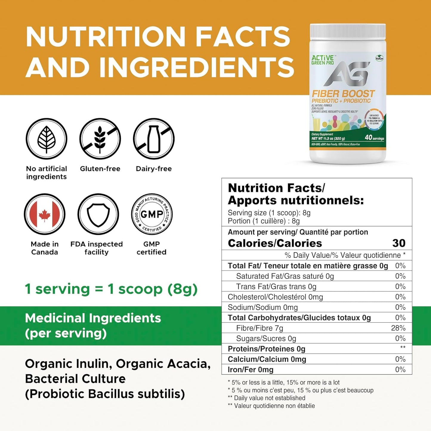 Organic Active Green Pro Fibre Boost Prebiotic & Probiotic Powder for Digestive Health - Enzyme and Vitamin Support - Gluten & Sugar Free - 320g/40 Servings