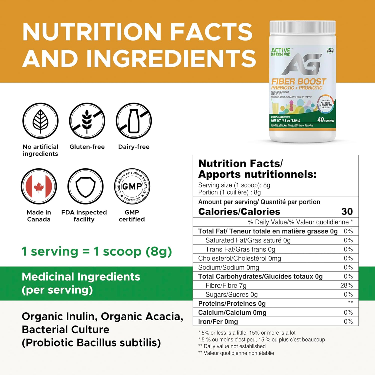 Organic Active Green Pro Fibre Boost Prebiotic & Probiotic Powder for Digestive Health - Enzyme and Vitamin Support - Gluten & Sugar Free - 320g/40 Servings