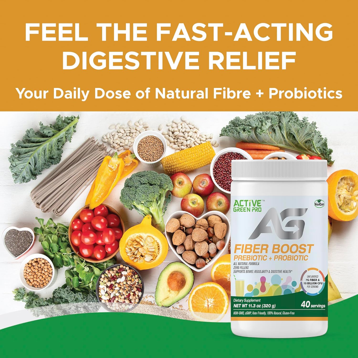 Organic Active Green Pro Fibre Boost Prebiotic & Probiotic Powder for Digestive Health - Enzyme and Vitamin Support - Gluten & Sugar Free - 320g/40 Servings