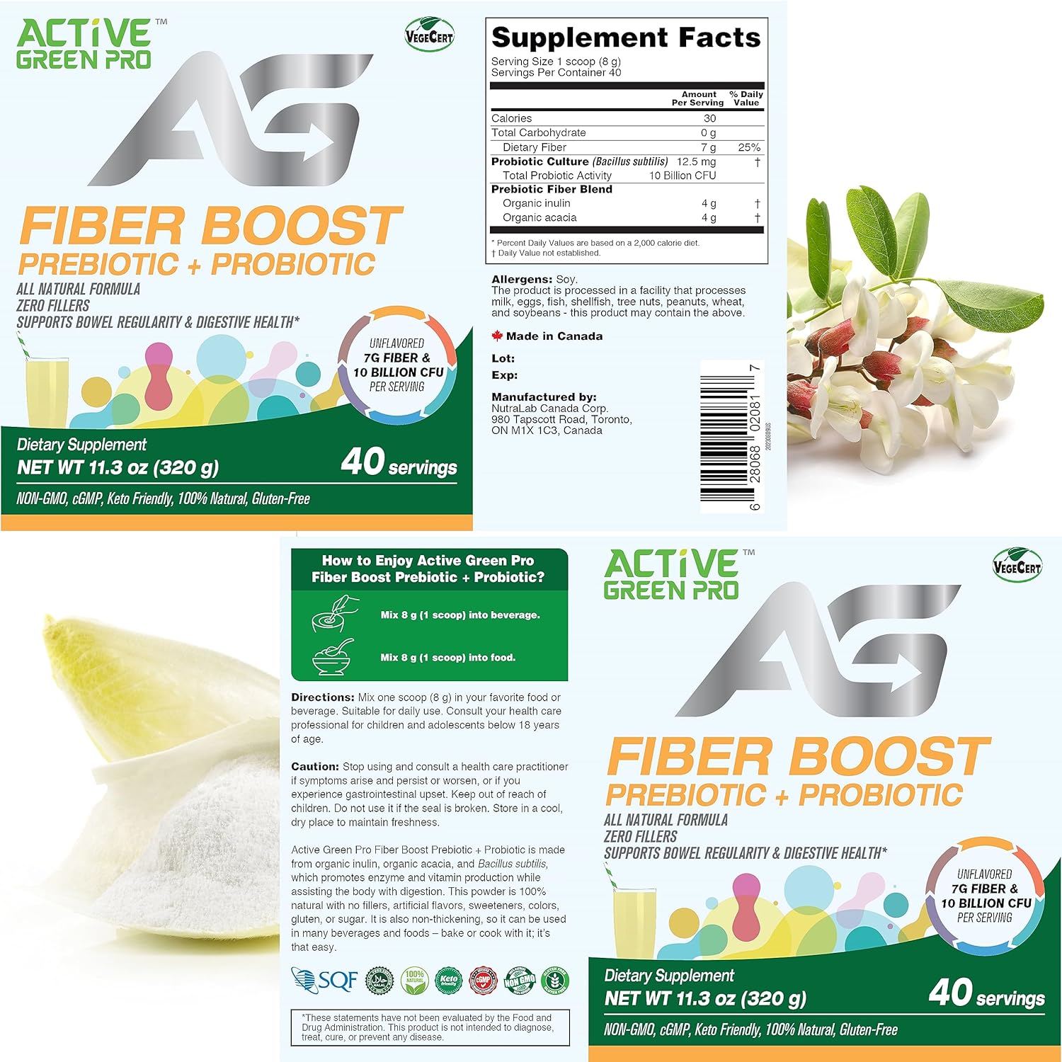 Organic Active Green Pro Fibre Boost Prebiotic & Probiotic Powder for Digestive Health - Enzyme and Vitamin Support - Gluten & Sugar Free - 320g/40 Servings