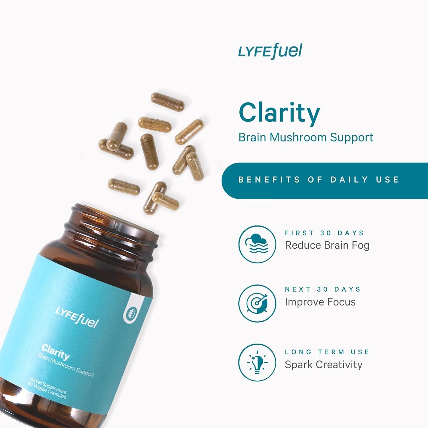 Organic Adaptogen Blend for Improved Focus & Brain Power | Nootropic Mushroom Supplement with Lion’s Mane, Cordyceps, Bacopa, Gotu Kola | 60 Vegan Capsules