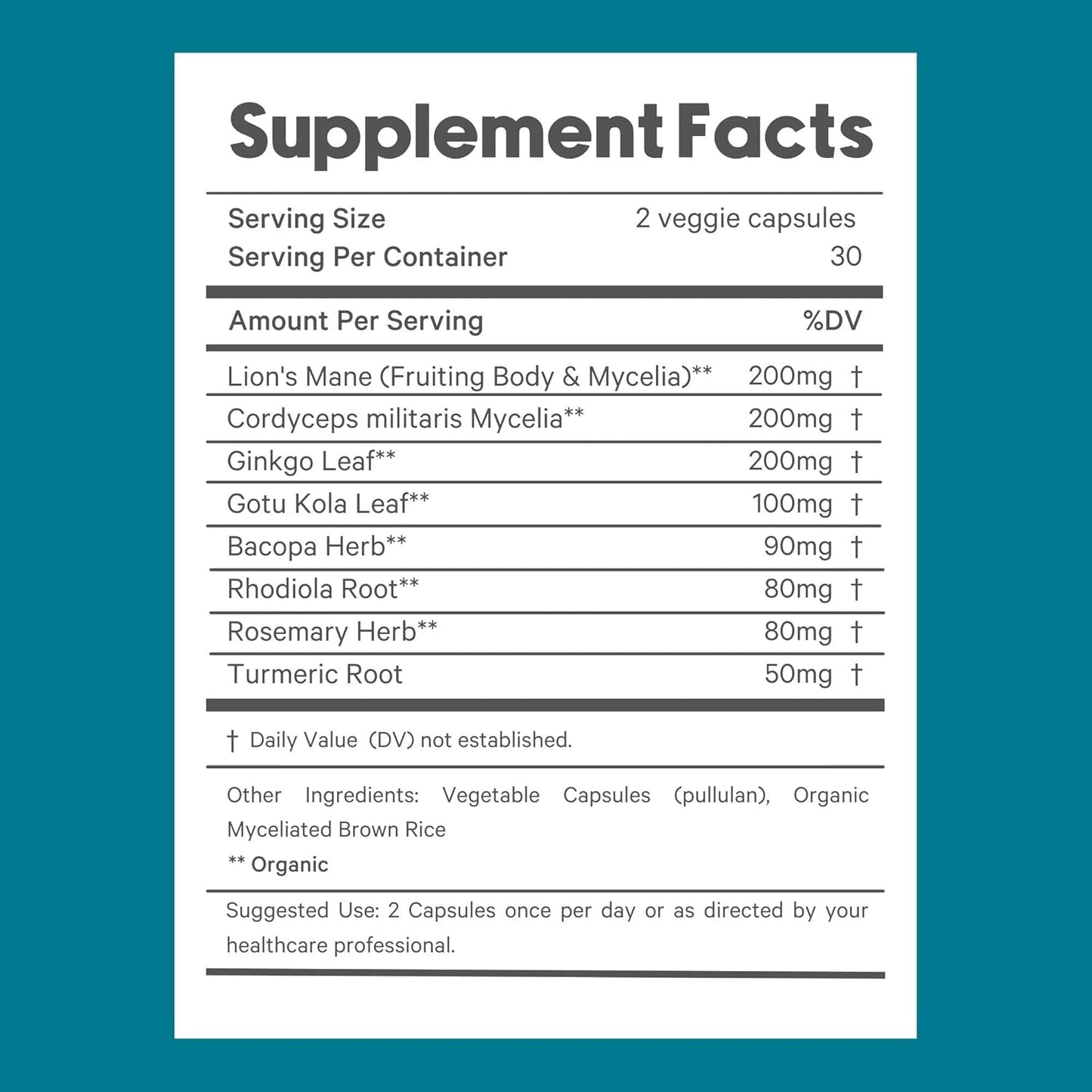 Organic Adaptogen Blend for Improved Focus & Brain Power | Nootropic Mushroom Supplement with Lion’s Mane, Cordyceps, Bacopa, Gotu Kola | 60 Vegan Capsules