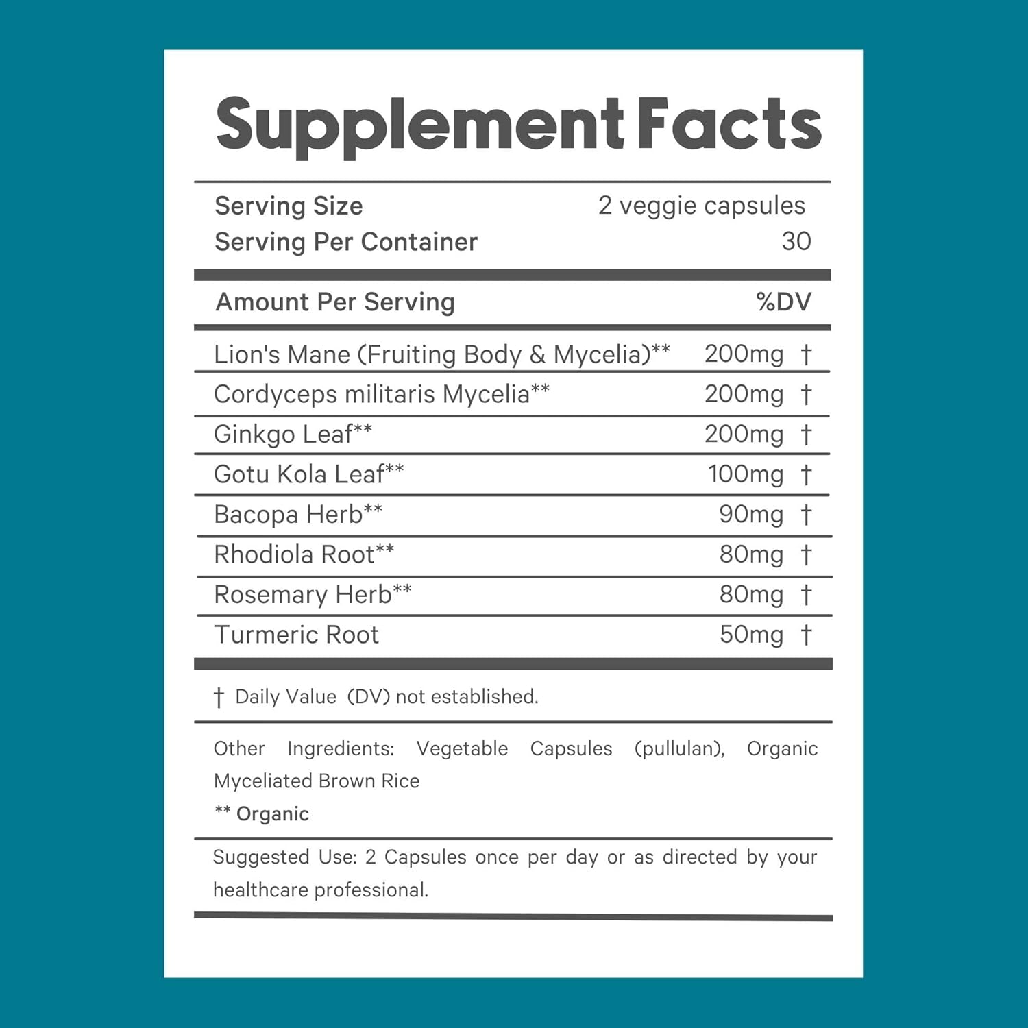 Organic Adaptogen Blend for Improved Focus & Brain Power | Nootropic Mushroom Supplement with Lion’s Mane, Cordyceps, Bacopa, Gotu Kola | 60 Vegan Capsules