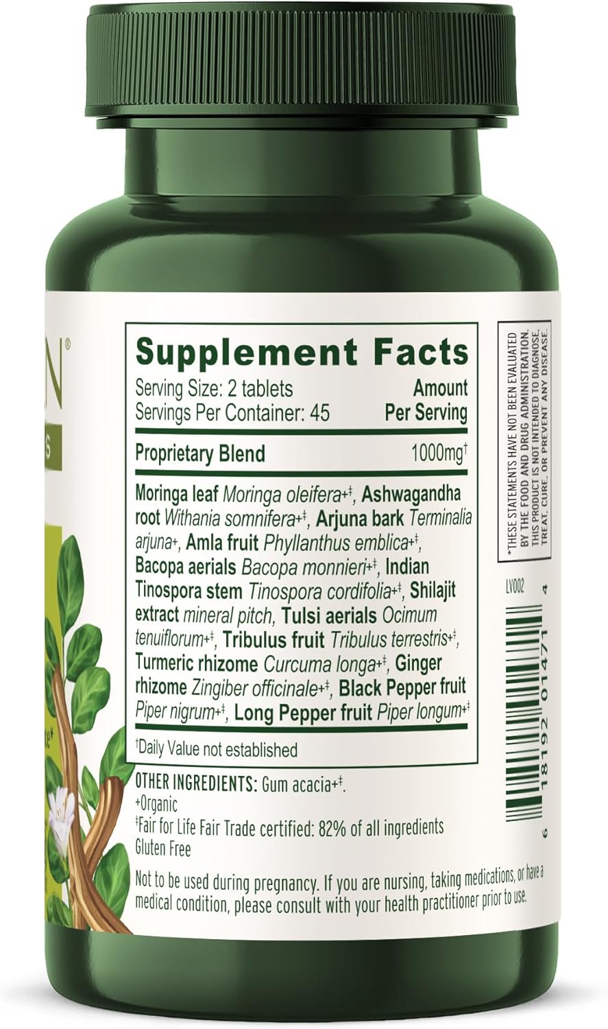 Organic Adaptogens Supplement for Energy and Focus - Herbal Superfoods - 90 Tablets